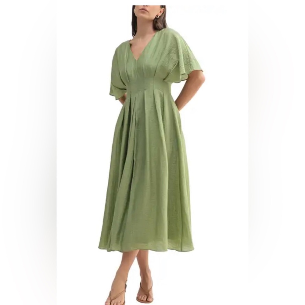 Women’s Sage Midi Dress with Flutter Sleeves - Elegant Everyday Style